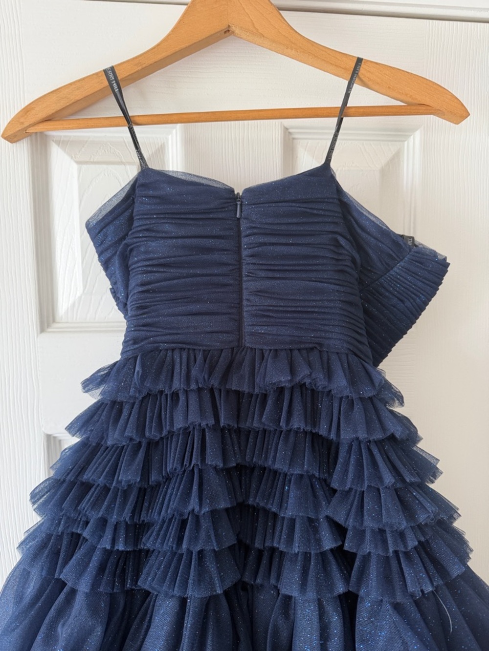 Sherri Hill Navy Layered Ruffle Tulle Prom Gown - Size 0 - Picture 6 of 13